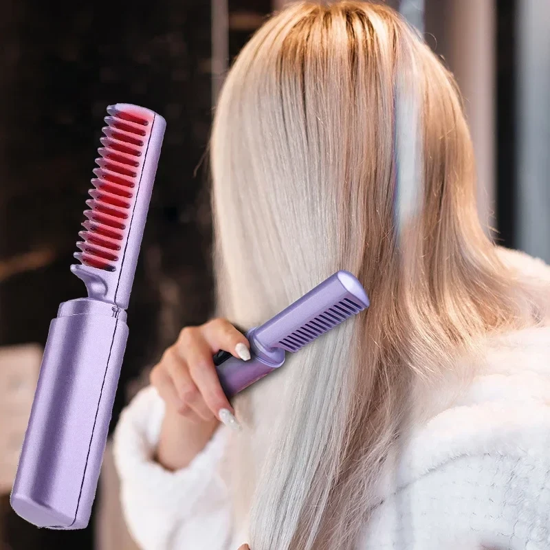 (image for) Portable Mini Electric Hair Brush Dual Use Hair Straightener Curler USB Charging Temperature Adjustable Straightener Curler Comb